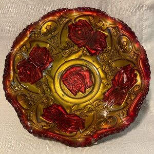 Antique 9.25” Goofas Glass Gold & Red Reverse Painted Bowl